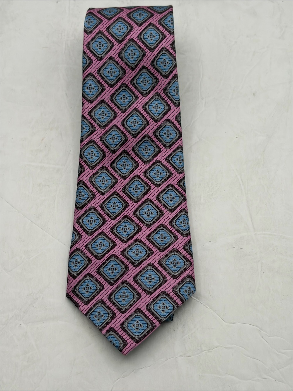Ermenegildo Zegna Mens Silk Tie Pink Blue Medallion Diamond Print Made in Italy